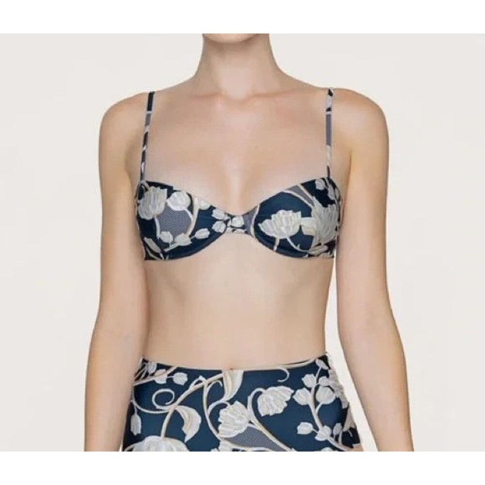 New Aguabendita Columbian Bikini Top X Large with Blue floral Canvas Bag Navy